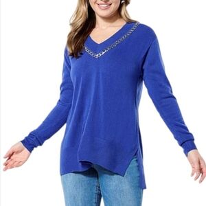 DG2 by Diane Gilman Royal Blue V-Neck Sweater with Chain Accent